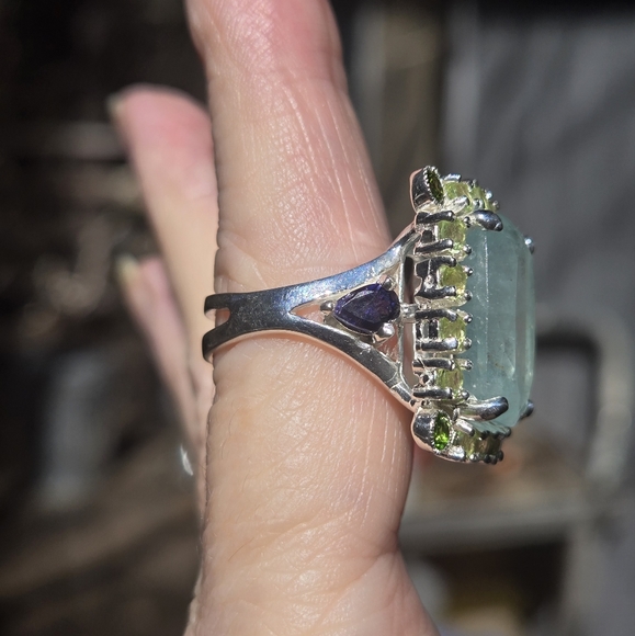 Aquamarine 17k Peridot Chrome Diopside & lolite sterling cocktail ring sz7 - Picture 7 of 11